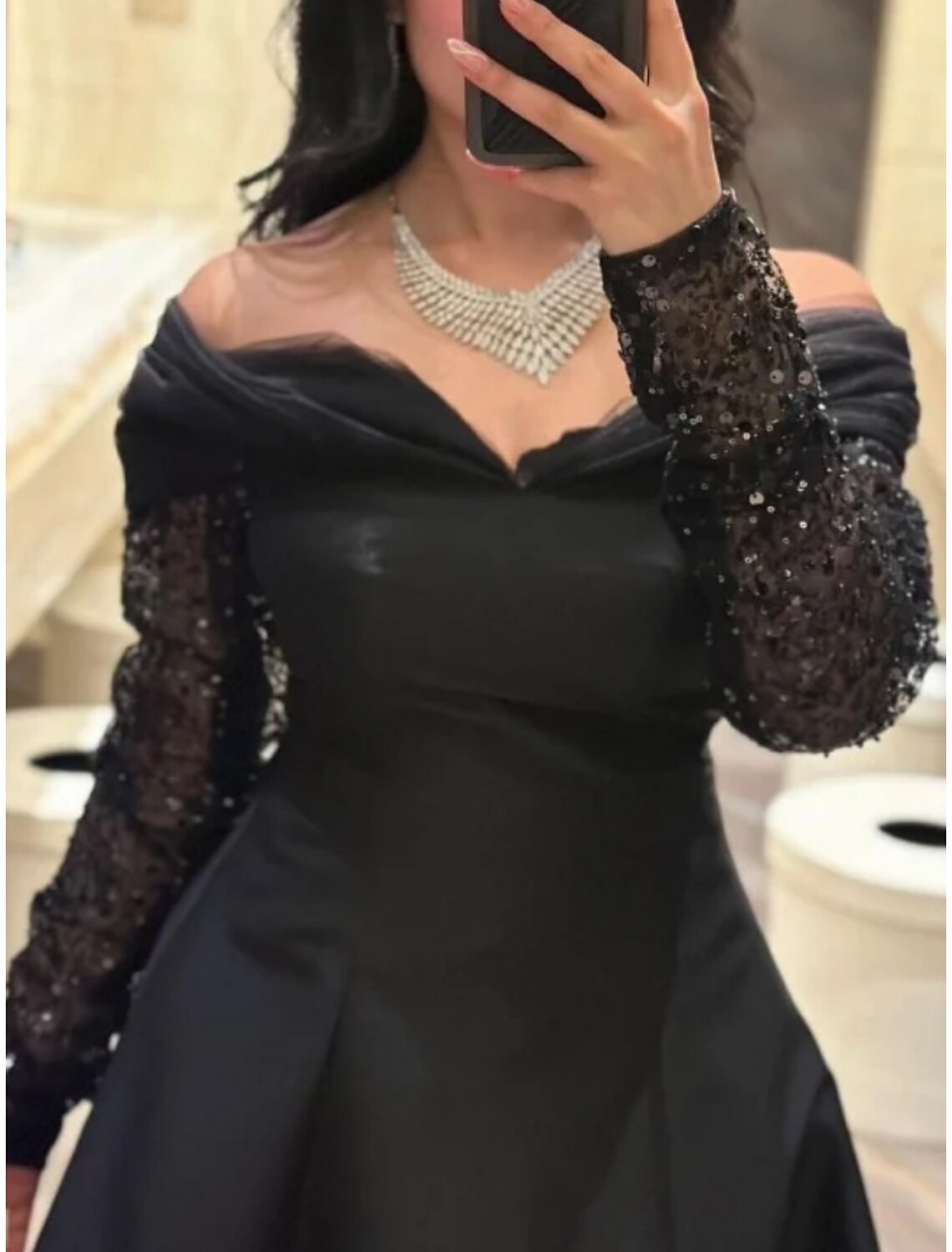 A-Line Evening Gown Elegant Black Dress Plus Size Dress Formal Floor Length Long Sleeve Off Shoulder Satin with Pleats Sequin