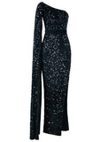 Mermaid / Trumpet Evening Gown Black Elegant Dress Formal Ankle Length Sleeveless One Shoulder Sequined with Glitter Slit