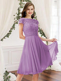 A-Line Bridesmaid Dress Jewel Neck Sleeveless Elegant Knee Length Chiffon / Lace with Pleats