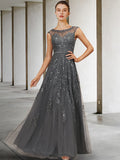 A-Line Mother of the Bride Dress Luxurious Elegant Jewel Neck Floor Length Lace Tulle Sleeveless with Sash / Ribbon Beading Sequin