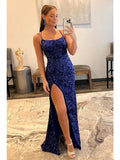 Mermaid / Trumpet Prom Dresses Hot Dress Formal Sweep / Brush Train Sleeveless Spaghetti Strap Sequined Backless with Sequin Slit