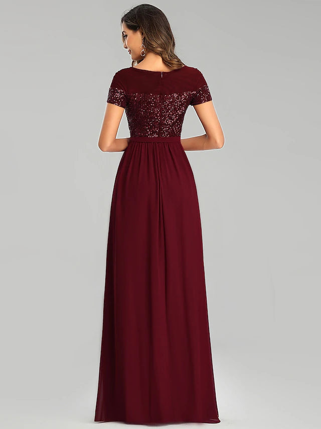 A-Line Bridesmaid Dress Jewel Neck Short Sleeve Elegant Floor Length Chiffon with Sash / Ribbon / Sequin