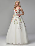 A-Line Special Occasion Dresses Floral Dress Wedding Guest Homecoming Floor Length Sleeveless V Neck Lace with Embroidery Appliques