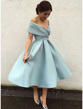 A-Line Wedding Guest Party Dress Vintage Dress Summer Semi Formal Tea Length Sleeveless Off Shoulder Satin with Ruched
