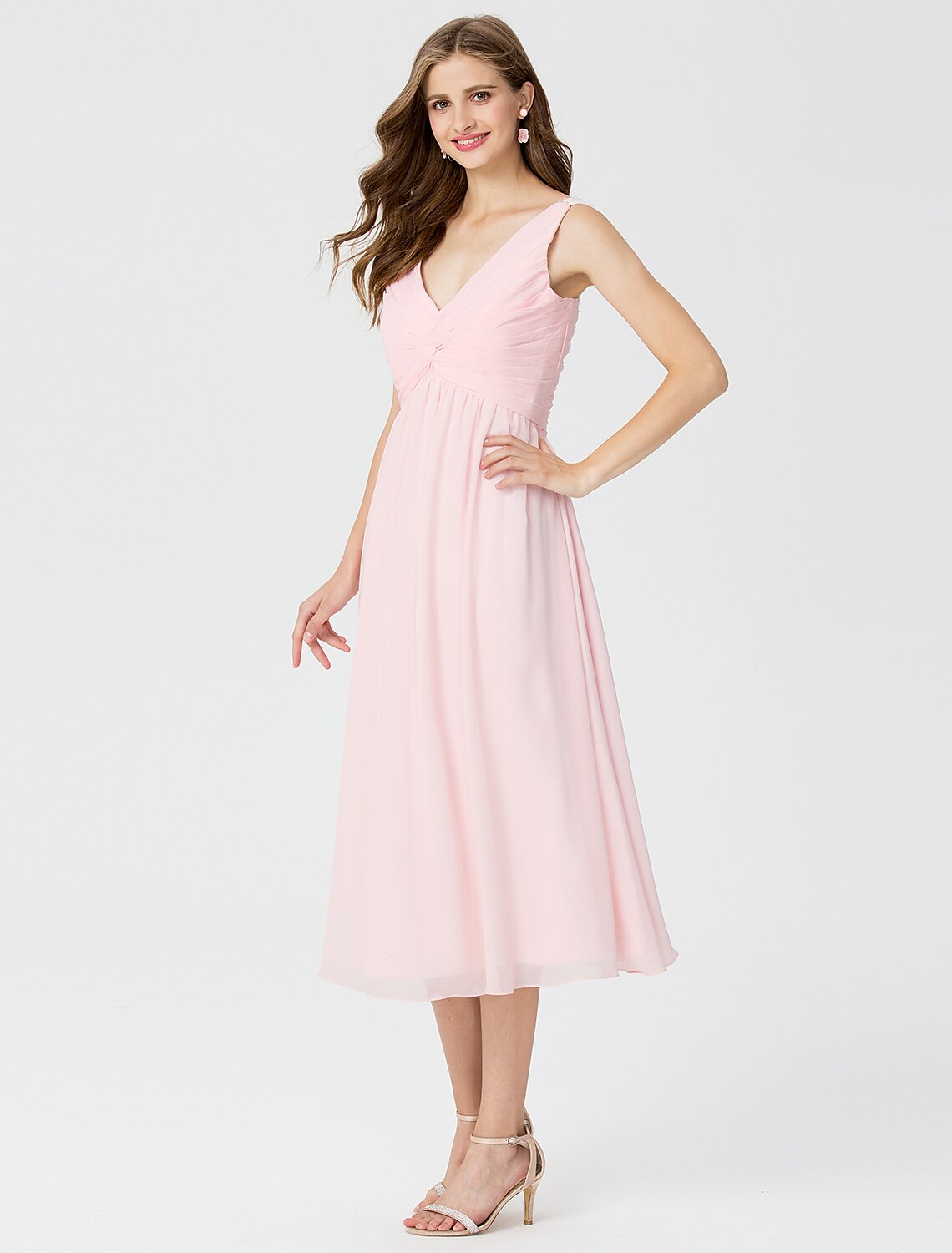 V-neck Pleated A-line Tea-length Chiffon Dress Turquoise