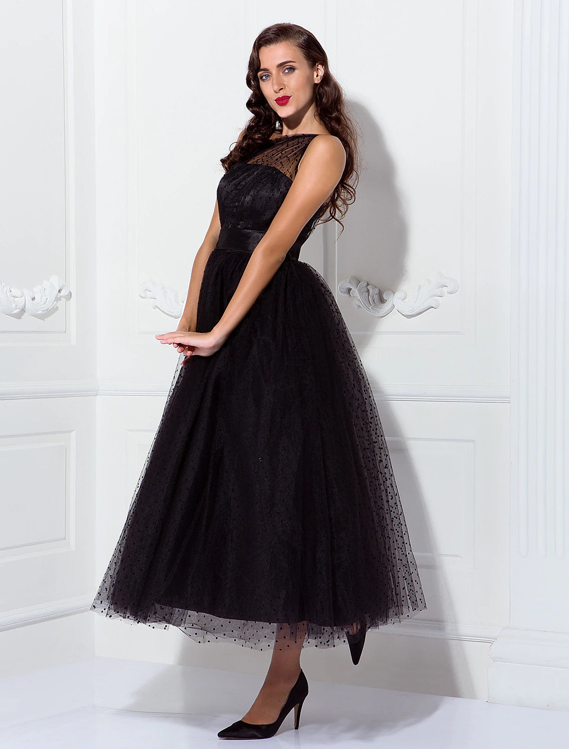 A-Line Cocktail Dresses Vintage Dress Wedding Guest Cocktail Party Ankle Length Sleeveless One Shoulder Wednesday Addams Family Tulle with Pleats Pattern / Print
