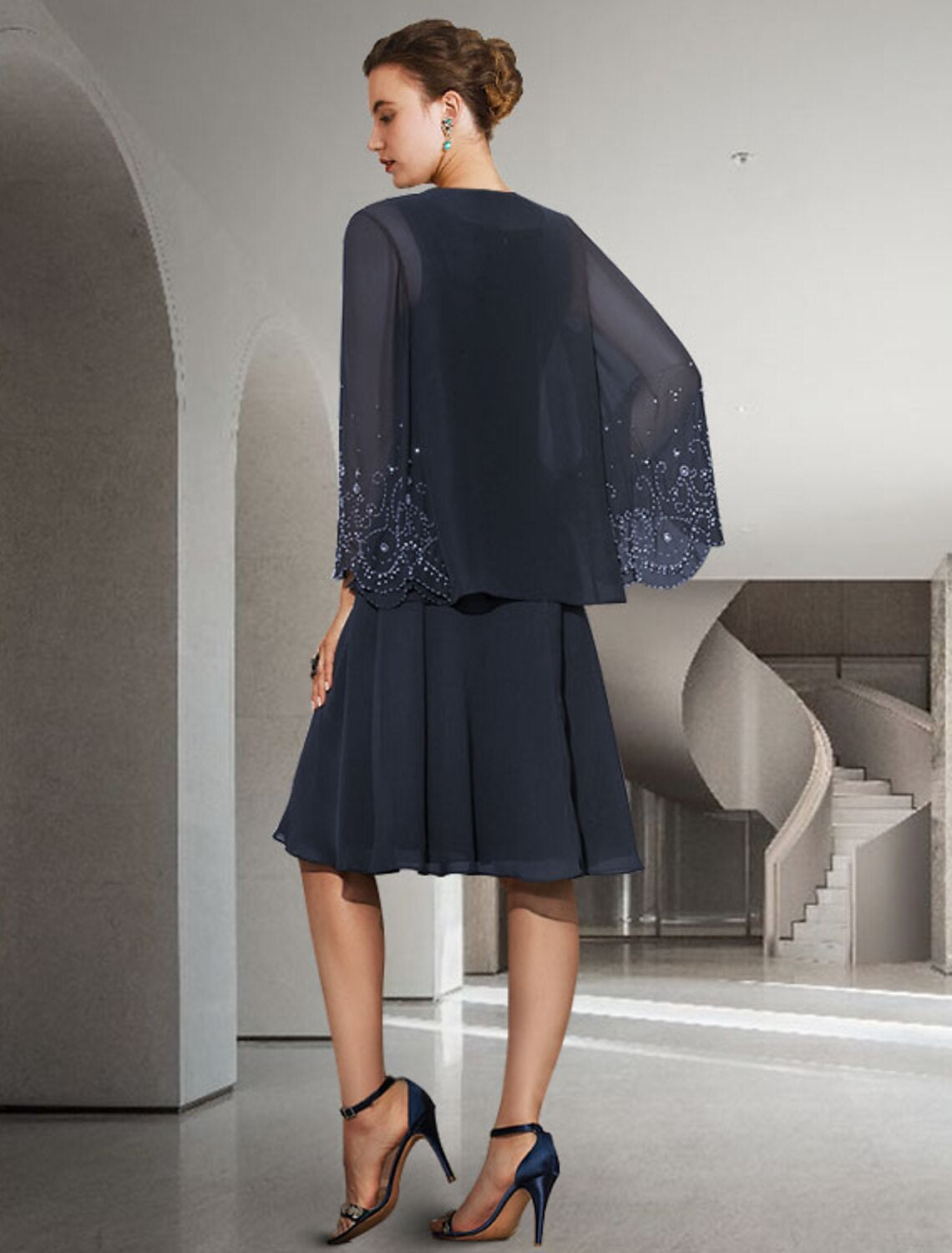 Two Piece A-Line Mother of the Bride Dress Elegant Jewel Neck Knee Len ...