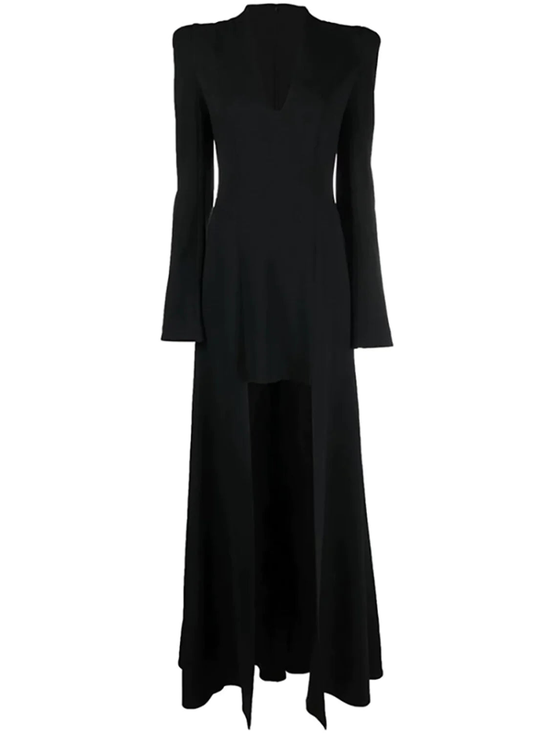 A-Line Evening Gown Elegant Dress Formal Asymmetrical Black Dress Long Sleeve V Neck Stretch Fabric with Pleats