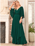 A-Line Mother of the Bride Dress Elegant V Neck Floor Length Chiffon Half Sleeve with Sash / Ribbon