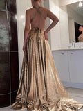 A Line Halter Floor Length Prom Dresses