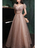 A-Line Prom Party Dress Sparkle & Shine Dress Prom Valentine‘s Day Floor Length Short Sleeve V Neck Tulle with Sequin