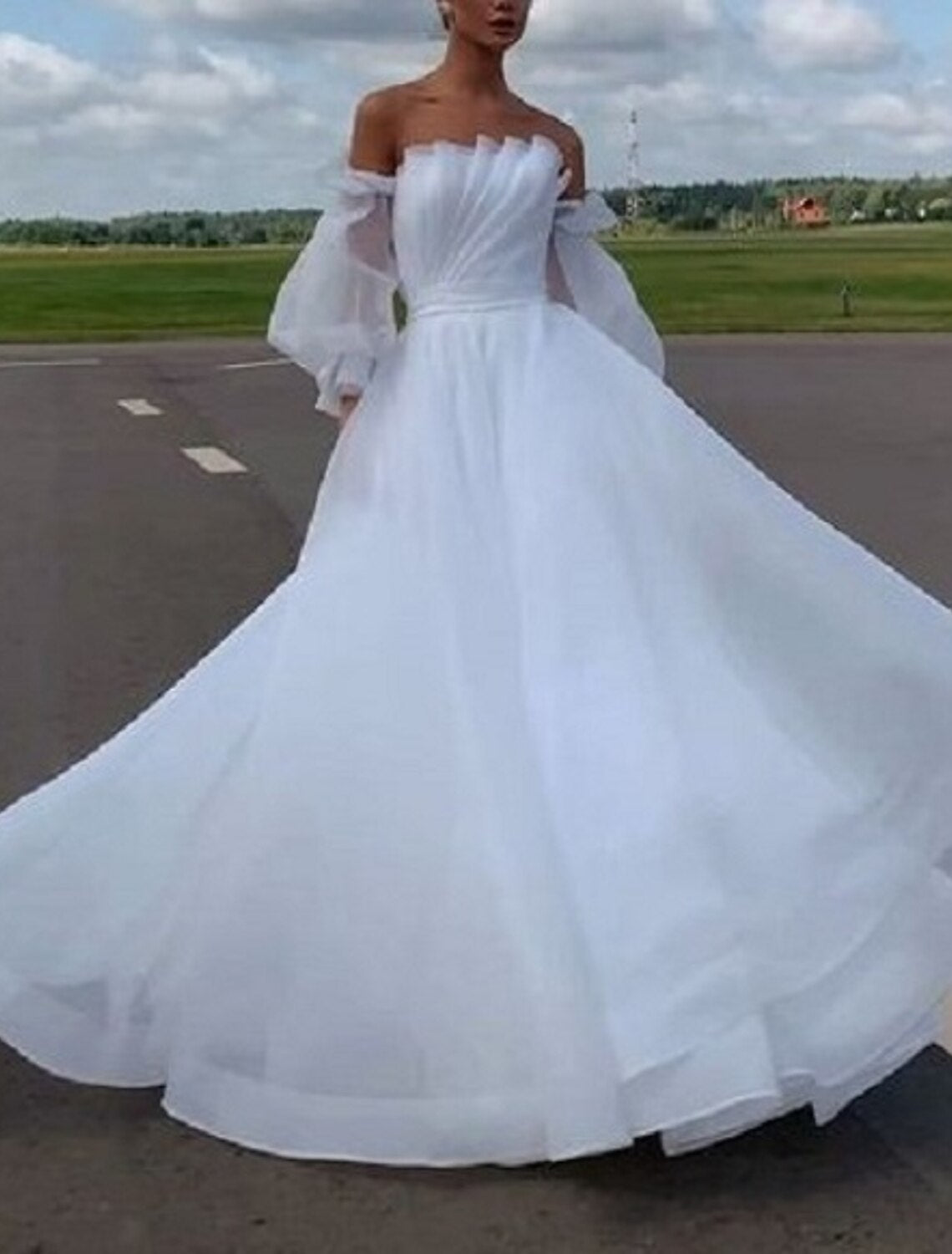 Beach Casual Wedding Dresses A-Line Off Shoulder Long Sleeve Court Tra ...