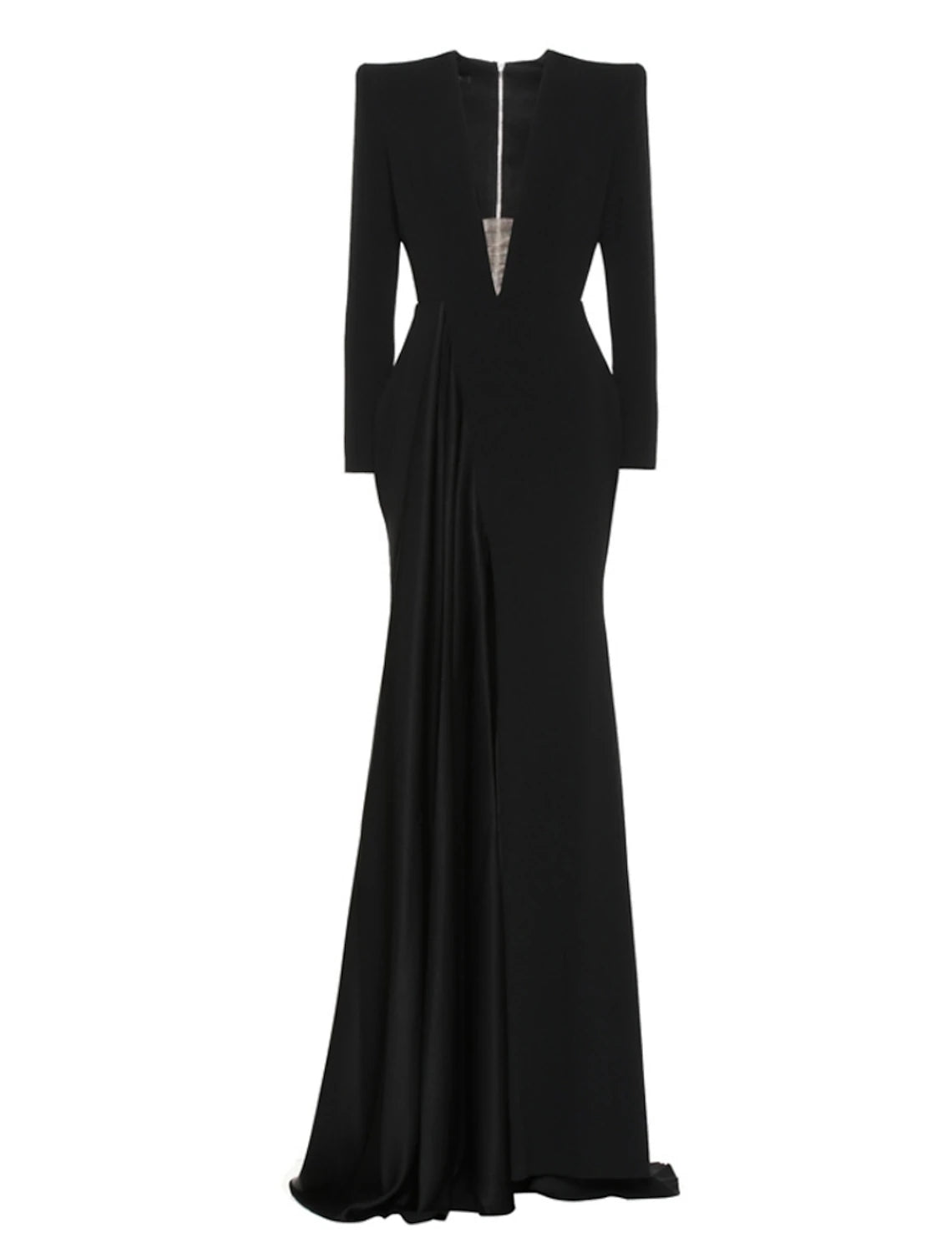 A-Line Evening Gown Elegant Black Champagne Dress Plus Size Dress Formal Sweep / Brush Train Long Sleeve V Neck Stretch Fabric with Pleats Slit