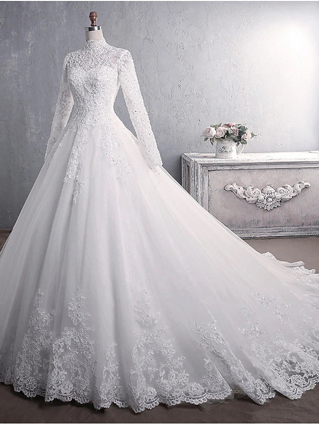 Engagement Formal Wedding Dresses Court Train Ball Gown Long Sleeve High Neck Lace With Appliques