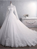 Engagement Formal Wedding Dresses Ball Gown High Neck Long Sleeve Court Train Lace Bridal Gowns With Appliques