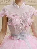 Ball Gown High Neck Floor Length Organza Tulle Wedding Dress with Crystal Beading Bow Flower