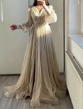 A-Line Prom Dresses Elegant Dress Formal Black Tie Floor Length Long Sleeve V Neck Fall Wedding Guest Tulle with Ruched