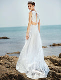 Wedding Dresses Sheath / Column V Neck Sleeveless Court Train Lace Bridal Gowns With Appliques Button