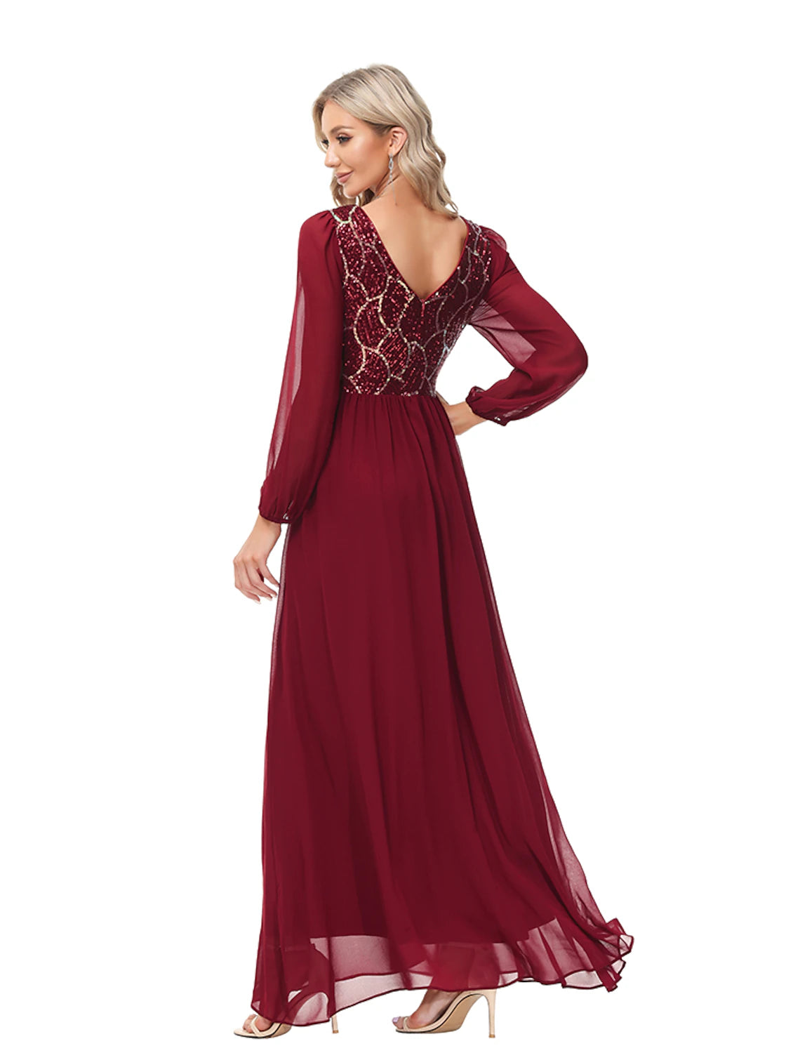 A-Line Evening Gown Empire Dress Party Wear Floor Length Long Sleeve Jewel Neck Chiffon V Back with Sequin Splicing