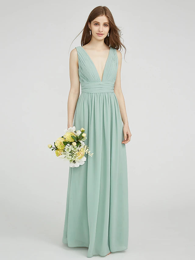 Sheath / Column Bridesmaid Dress V Neck Sleeveless Elegant Floor Length Chiffon with Ruched / Side Draping