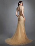 Sheath / Column V Neck Sweep / Brush Train Tulle Made-To-Measure Wedding Dresses with Sequin