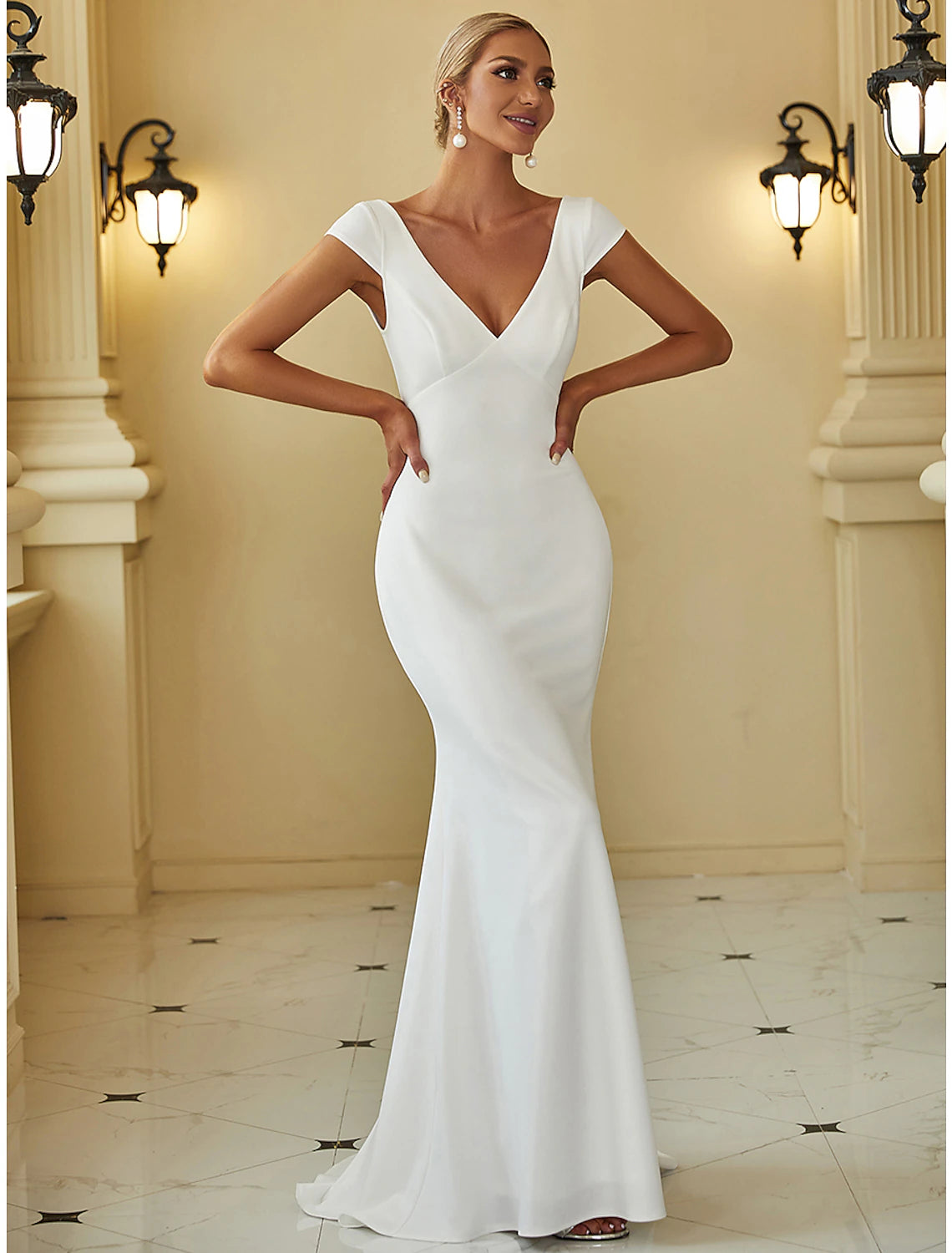 Reception Casual Wedding Dresses Mermaid / Trumpet V Neck Cap Sleeve Sweep / Brush Train Stretch Fabric Bridal Gowns With Draping Solid Color