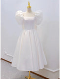 Reception Little White Dresses Wedding Dresses A-Line Square Neck Short Sleeve Knee Length Satin Bridal Gowns With Bow(s)