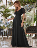 A-Line Evening Gown Empire Dress Wedding Guest Formal Evening Floor Length Short Sleeve V Neck Bridesmaid Dress Chiffon V Back with Ruffles Pure Color