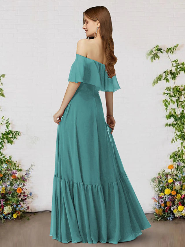 A-Line Bridesmaid Dress Off Shoulder Sleeveless Elegant Floor Length Chiffon with Ruffles