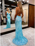 Mermaid / Trumpet Prom Dresses Sexy Dress Formal Court Train Sleeveless V Neck Sequined Backless with Sequin
