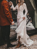 A-Line Wedding Dresses Ankle Length Vintage Little White Dresses Long Sleeve V Neck Chiffon With Solid Color Bridal Gowns