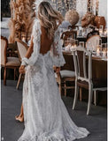 Beach Sexy Boho Wedding Dresses A-Line V Neck Long Sleeve Sweep / Brush Train Lace Bridal Gowns With Appliques Split Front