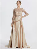 Mermaid / Trumpet Evening Gown Elegant Dress Formal Prom Floor Length Long Sleeve Jewel Neck Sequined with Glitter Sequin