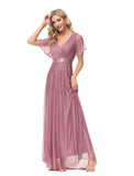 A-Line Evening Gown Empire Dress Wedding Guest Floor Length Short Sleeve V Neck Tulle with Ruched Ruffles