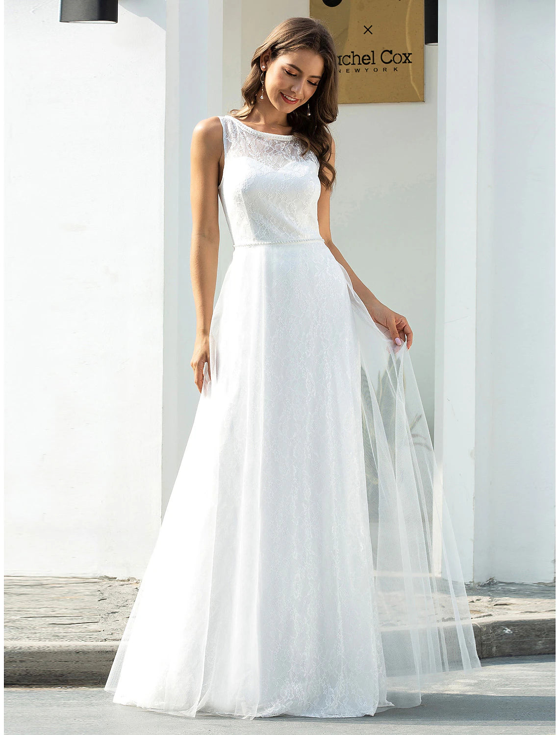 Beach Wedding Dresses A-Line Scoop Neck Sleeveless Floor Length Lace Bridal Gowns With Lace
