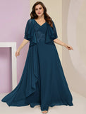 Two Piece A-Line Mother of the Bride Dress Formal Wedding Guest Plus Size Elegant V Neck Floor Length Chiffon Lace Sleeveless with Ruched Appliques