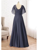 A-Line Mother of the Bride Dress Plus Size Elegant V Neck Floor Length Chiffon Lace Short Sleeve with Pleats Beading Appliques