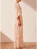 A-Line Wedding Guest Dresses Maxi Dress Holiday Floor Length Long Sleeve Jewel Neck Polyester with Floral Print Ruffles