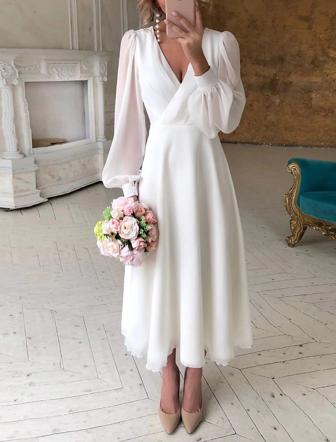 Bridal Shower Little White Dresses Wedding Dresses Ankle Length A-Line Long Sleeve V Neck Chiffon With Solid Color