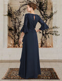 Sheath / Column Mother of the Bride Dress Plus Size Elegant Jewel Neck Floor Length Chiffon Lace Half Sleeve with Sequin Appliques
