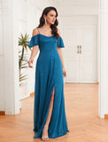 New Off Shoulder A-Line Side Split Sparkle Chiffon Bridesmaid Dress Adjustable Spaghetti Strap Ruffle Plus Size Evening