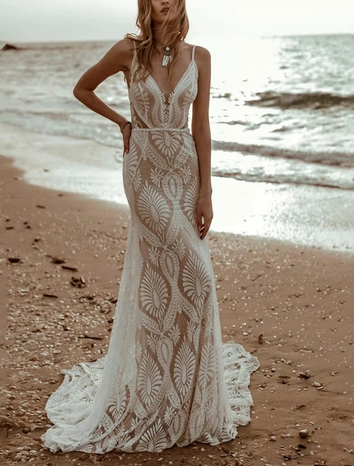 Beach Vintage Open Back Wedding Dresses Mermaid / Trumpet Camisole V Neck Sleeveless Sweep / Brush Train Chiffon Bridal Gowns With Pleats Solid Color