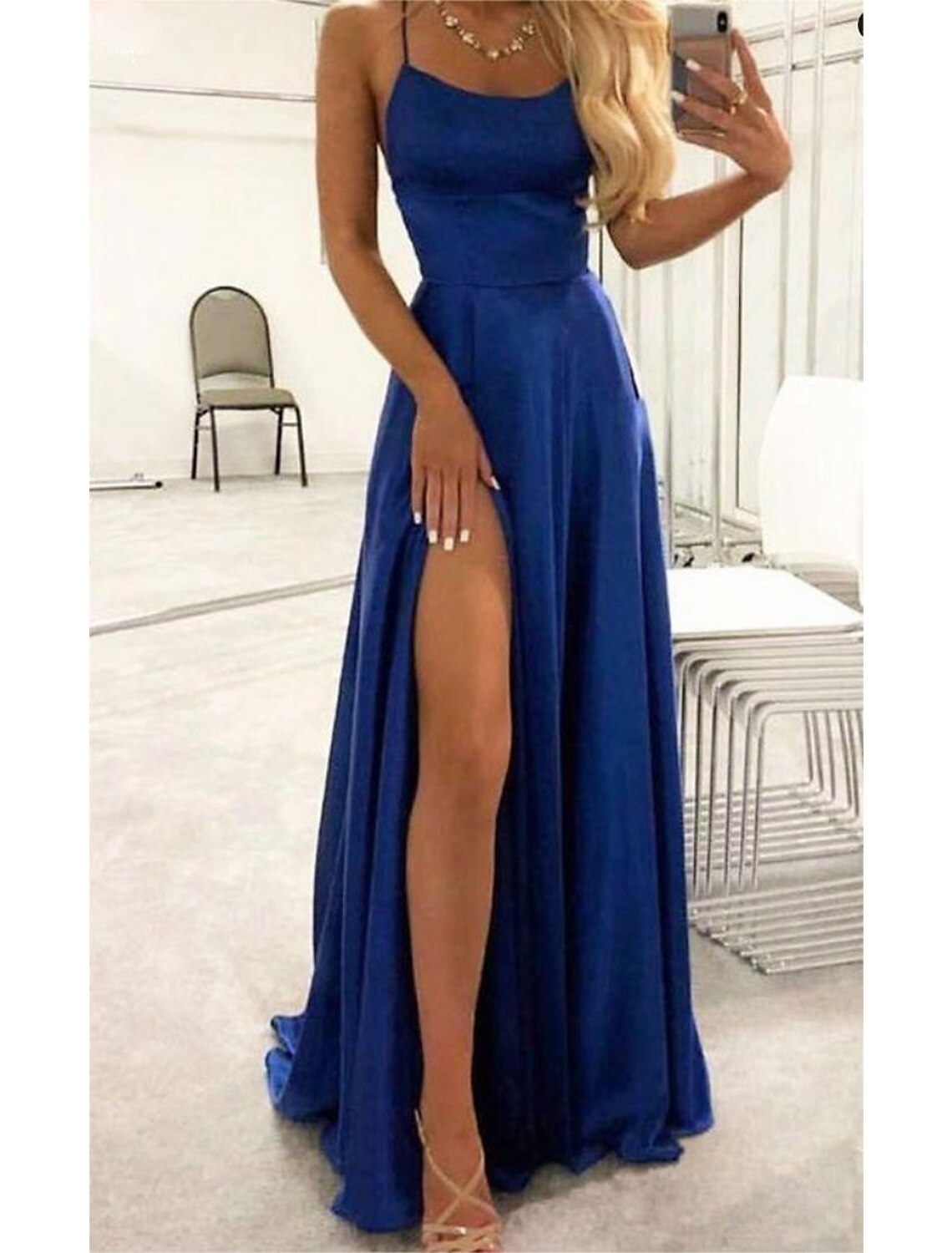 A-Line Evening Gown Empire Dress Formal Court Train Sleeveless Spaghetti Strap Charmeuse Backless with Slit