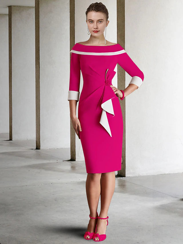 Sheath / Column Mother of the Bride Dress Vintage Elegant Off Shoulder Knee Length Stretch Fabric 3/4 Length Sleeve with Bow(s) Color Block