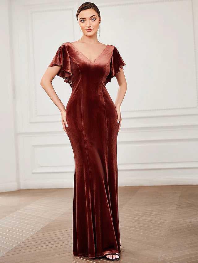 Mermaid / Trumpet Evening Gown Vintage Dress Formal Floor Length Short Sleeve V Neck Velvet V Back with Ruffles Pure Color