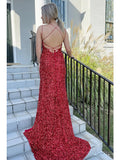 Mermaid / Trumpet Prom Dresses Hot Dress Formal Sweep / Brush Train Sleeveless Spaghetti Strap Sequined Backless with Sequin Slit