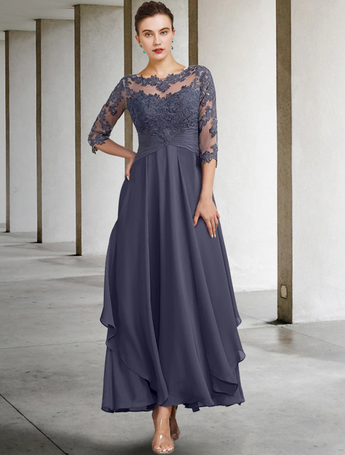 A-Line Mother of the Bride Dress Plus Size Elegant Jewel Neck Ankle Length Chiffon Lace Half Sleeve with Ruched Ruffles Appliques