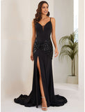 Mermaid / Trumpet Evening Gown Sexy Dress Formal Court Train Sleeveless Spaghetti Strap Stretch Fabric with Crystals Slit