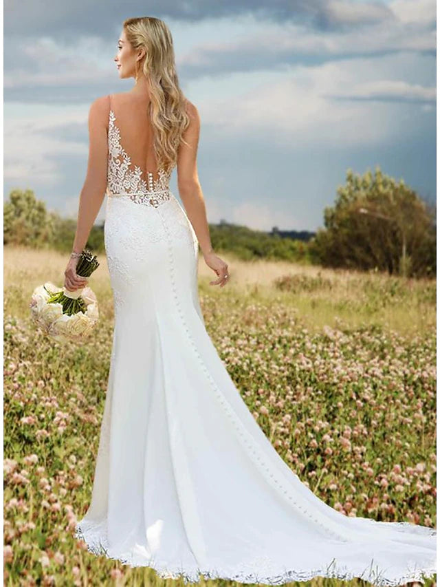 Engagement Open Back Sexy Formal Wedding Dresses Court Train Mermaid / Trumpet Sleeveless V Neck Crepe With Appliques