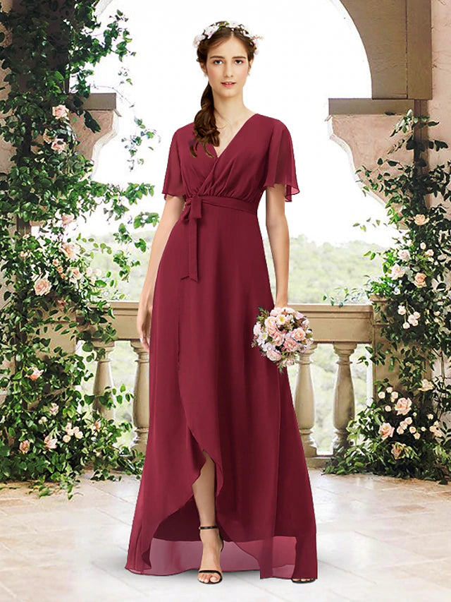 A-Line Bridesmaid Dress V Neck Short Sleeve Elegant Asymmetrical / Flo